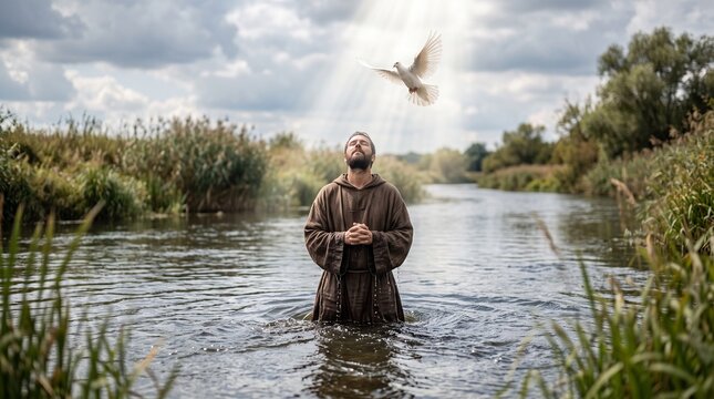 Photorealistic river scene of a figure being baptized as a dove descends through soft light
