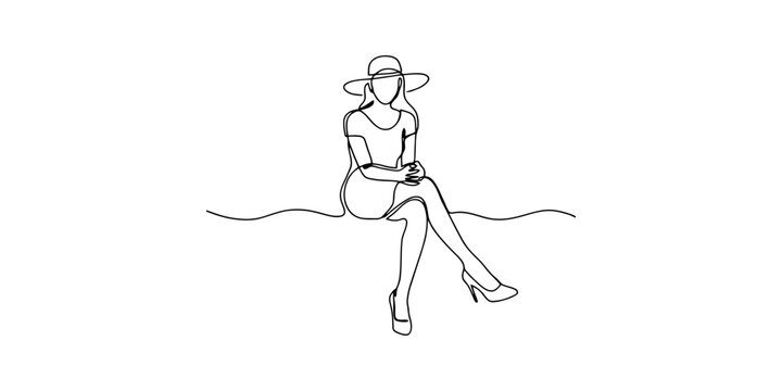 Continuous single line drawing of a stylish woman sitting down wearing a summer hat and high heels