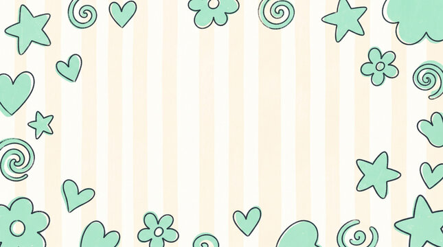 Cute handdrawn doodle border with pastel mint green hearts, stars, flowers, and swirls on a soft beige striped background
