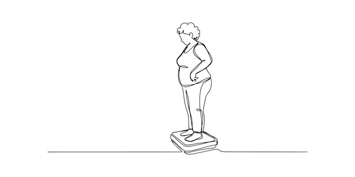 Continuous single line drawing of an overweight woman standing on a weight scale to check her body mass
