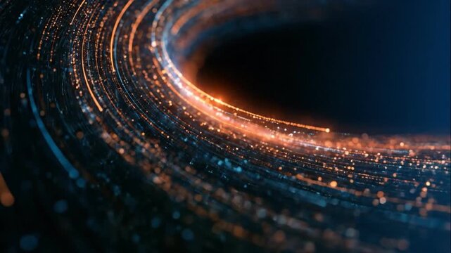 Abstract Swirl of Light Particles: A mesmerizing vortex of glowing orange and blue light particles swirls through darkness, creating a sense of dynamic energy and cosmic movement.