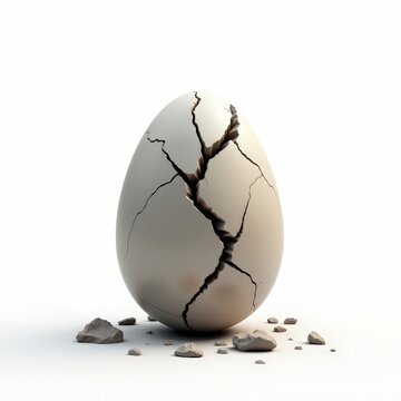 Cracked virtual stone egg with pixelated fragments, digital fantasy object on white background, fantasy technology concept
