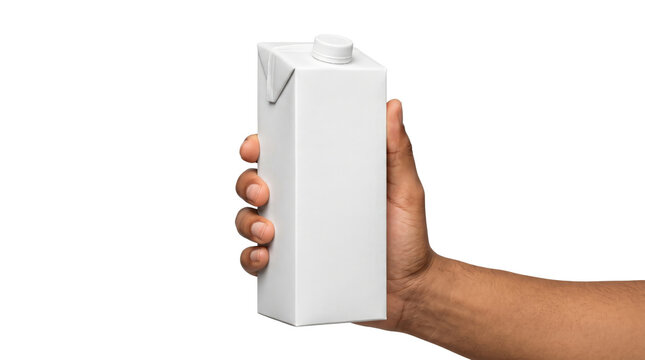 Bare hand and arm gripping a blank white milk carton with a screw cap isolated with a transparent background PNG for commercial design use