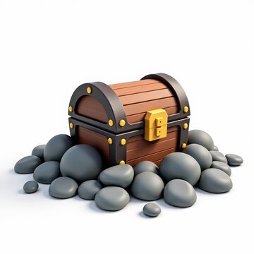 Treasure chest partially buried in lowpoly stones, gaming asset on white background, fantasy adventure loot, stylized chest art