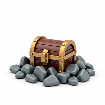 Treasure chest partially buried among lowpoly stones in gaming visual style isolated on white background