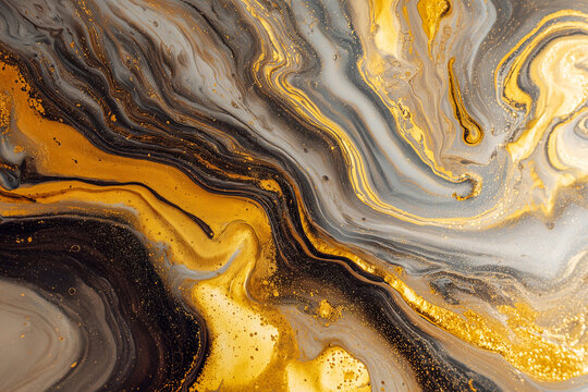 Abstract gold, black and brown marble textured background. Golden liquid and fluid watercolor paint pattern. Luxury design.