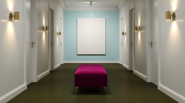 Modern minimalist gallery hallway interior featuring white doors, elegant gold wall sconces, a purple velvet ottoman bench, and a blank vertical canvas mockup on a light blue accent wall.