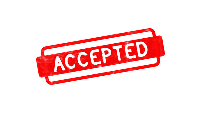 A rectangular red rubber stamp with the word accepted in white capital letters isolated on a black background, for office paperwork isolated on a transparent background