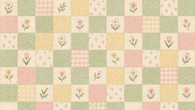 Cute vintage patchwork quilt fabric pattern background featuring colorful squares with flowers, checks, and dots