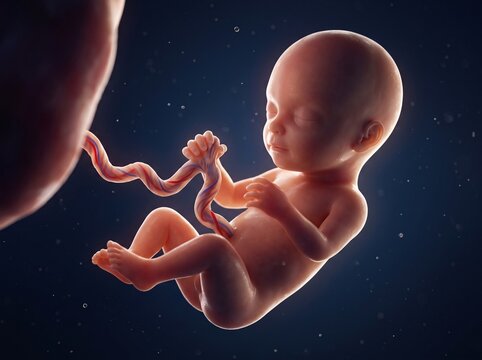 Human fetus developing inside the womb with umbilical cord visible.