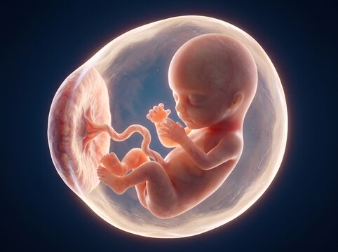 Human fetus developing inside amniotic sac with umbilical cord visible.