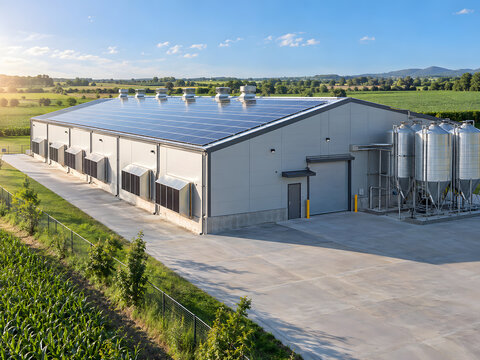 Ultra Realistic Modern Poultry Hatchery Building with Rooftop Solar Panels Sustainable Farm Technology Concept