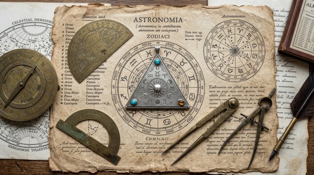 Flat lay of vintage celestial charts and astronomical instruments including zodiac diagrams, brass protractors, dividers, and a mystical triangular amulet on aged weathered paper