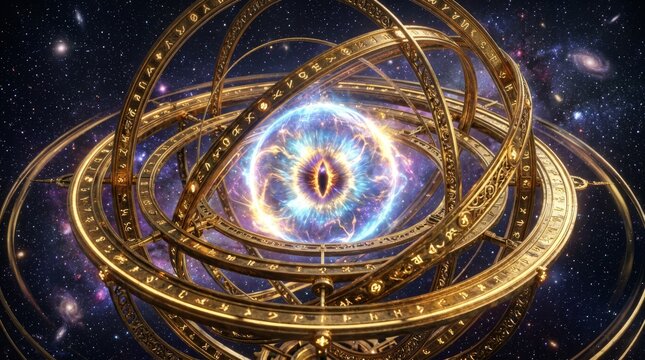 Intricate 3D Digital Artwork of a Golden Armillary Sphere Featuring a Glowing Ethereal Energy Orb with a Central Mystical Eye Floating in Deep Cosmic Space with Stars and Nebula Background