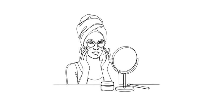 Woman with towel on head applying face cream in front of a mirror, continuous line art drawing