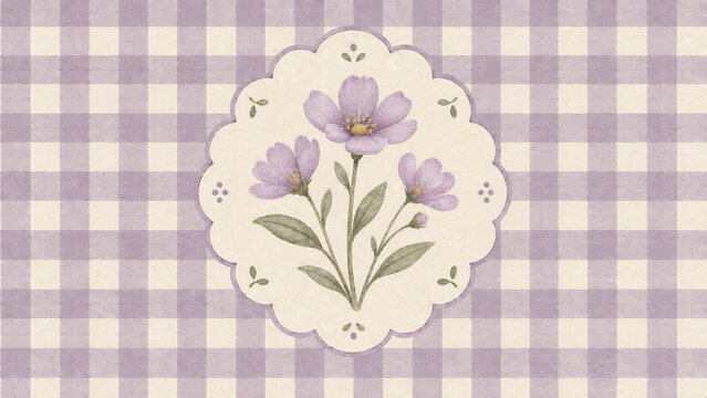 Vintage floral illustration with purple cosmos flowers in a scalloped frame on a light purple gingham checkered pattern background