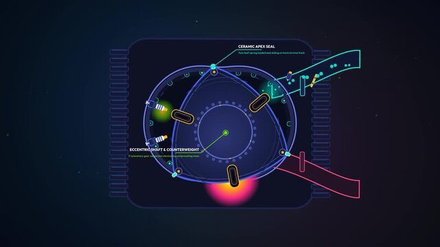 Animated diagram of a Wankel rotary engine cycle demonstrating intake compression ignition and exhaust phases with technical labels for components like ceramic apex seals and spark plugs