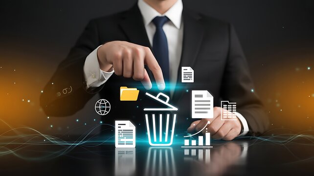 Businessman deleting digital data icons with glowing trash bin during dark background abstract concept