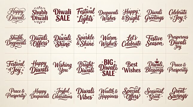 Collection of diwali festival calligraphy and greeting phrases