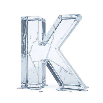 A 3d rendering of the letter k crafted from clear, cracked ice, featuring realistic melting water at the base, isolated on white background