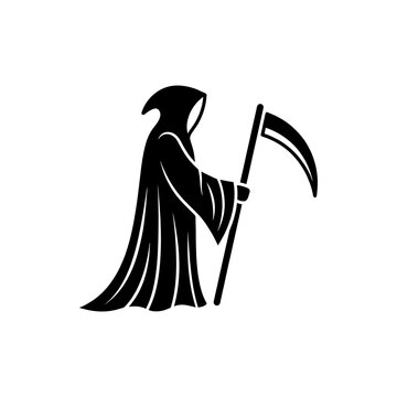 Dark silhouette of a hooded Grim Reaper with a scythe. This eerie illustration symbolizes mortality and destiny, perfect for Halloween, spooky themes, and gothic designs