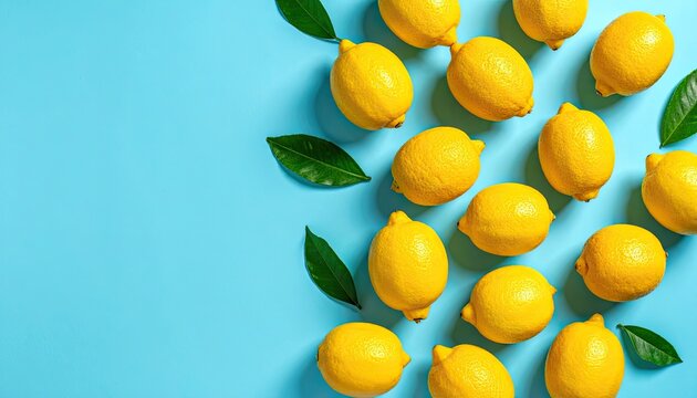A vibrant arrangement of fresh lemons and green leaves scattered on a bright blue background.
