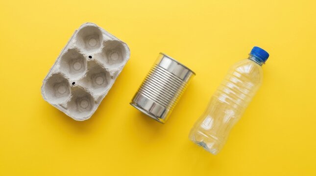 Recyclable items including an egg carton, a metal can, and a plastic bottle arranged on a yellow background