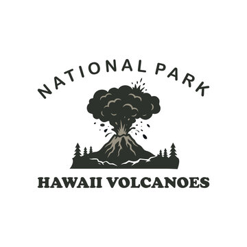 Vintage Hawaii Volcanoes National Park logo badge vector illustration with erupting volcano and pine trees silhouette.
