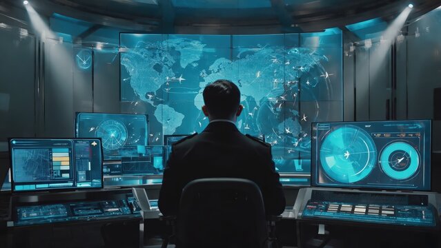 Military Analyst Monitoring Global Situation in High-Tech Command Center with Large Screen Displays and Radar Data.
