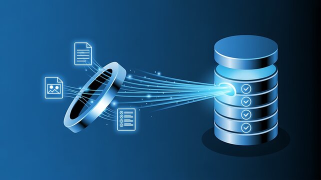 Digital data processing with a magnifying glass analyzing documents and databases during digital transformation in a blue glow