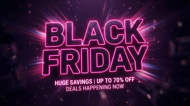 Black friday neon glowing text with huge savings up to 70% off, vibrant pink light effect on dark textured background for promotional sales