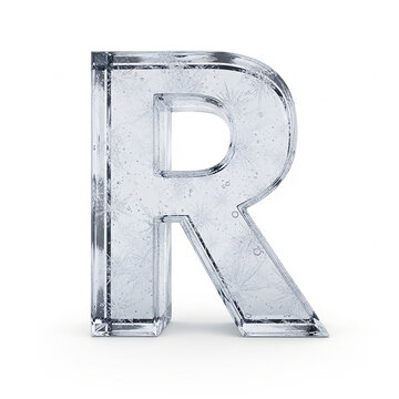 3d rendering of the letter r made of clear ice with snowflake patterns and air bubbles inside, isolated on white background