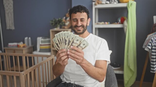 Man fanning a stack of us dollar bills with both hands while seated by a wooden crib in a home nursery, smiling as he counts cash; parental pride.