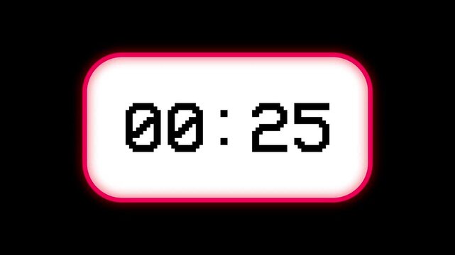 Digital 30 second timer counting down to 00 with pixel font and glowing pink rounded border on a solid black background.