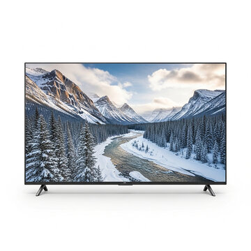 Modern smart television screen displaying a scenic winter landscape with snowcovered mountains, pine trees, and a flowing river, isolated on white background
