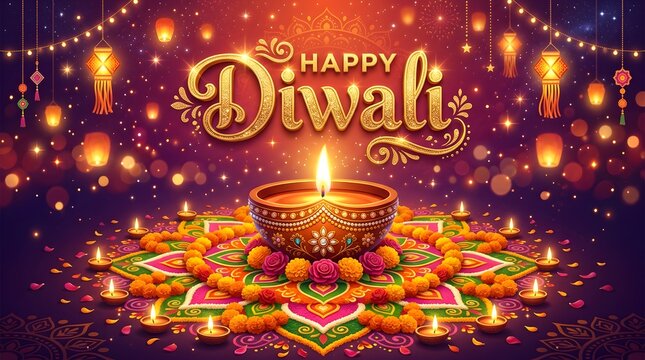 Happy diwali greeting with glowing diya and rangoli