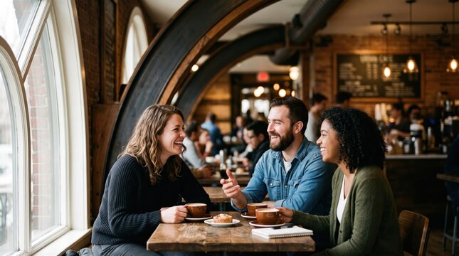 Colleagues enjoying coffee break in warm cafe with conversation and shared drinks