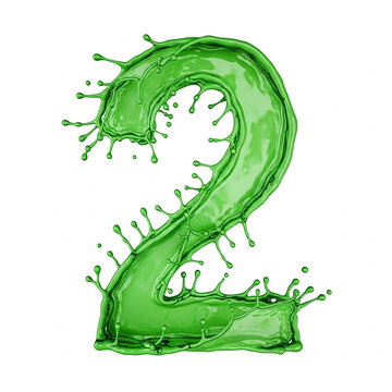 Number 2 made of green liquid splash, isolated on white background
