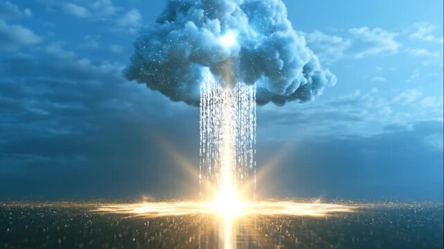 Data Cloud Connection: A digital rain of data streams from a fluffy cloud under a dramatic sky, connecting with a radiant burst of light on a dark, shimmering surface.