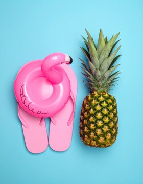 A vibrant summer scene featuring a pink flamingo float, flip-flops, and a pineapple against a bright blue background.