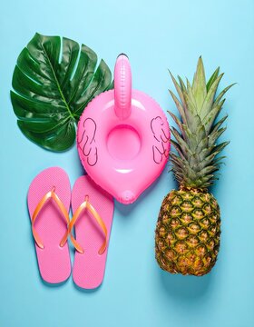 A vibrant flat lay composition featuring summer essentials against a pastel blue background.