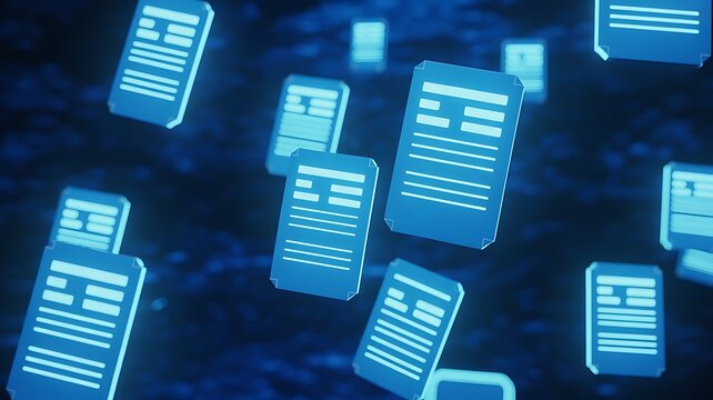 Digital documents floating in abstract blue cyberspace with selective focus and bokeh