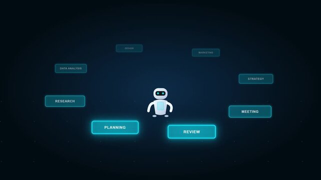Animated AI robot with digital mind map nodes in 4K