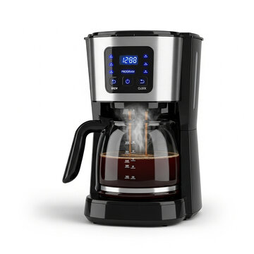 Modern programmable coffee maker machine with glass carafe brewing fresh hot coffee isolated on white background