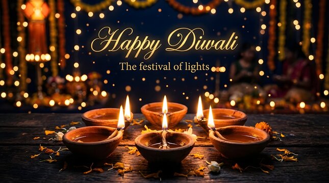 Happy diwali festival of lights with diyas on wooden table