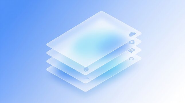 Isometric 3D glassmorphism layers interface illustration with transparent floating cards design for technology workflow