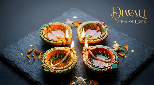 Diwali festival of lights with traditional oil lamps on slate