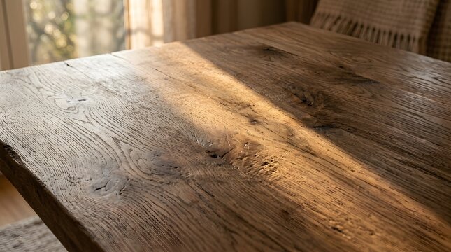 Close-up of a wooden table surface illuminated by soft warm sunlight reflections in natural light