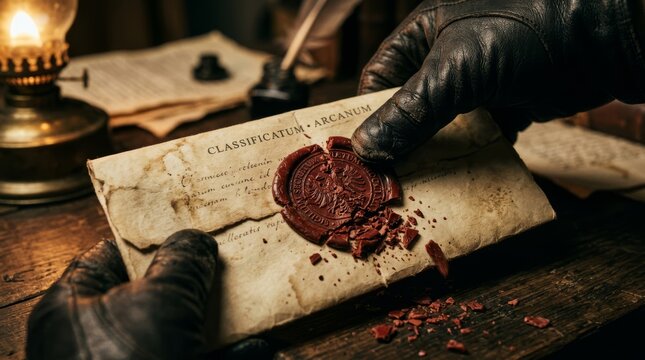 Close-up of a gloved hand breaking a red wax seal on a secret envelope with Latin text Classificatum Arcanum, vintage wooden desk background with an old oil lamp, inkwell, and quill pen.