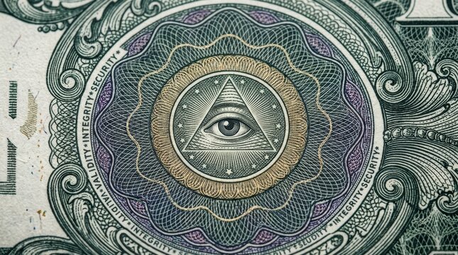 Macro view of a highly detailed security engraving with the Eye of Providence in a triangle, featuring complex guilloch&eacute; patterns and the words validity, integrity, and security on a document.